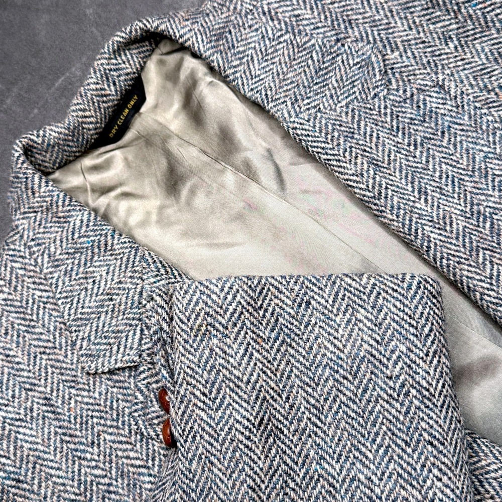 Vtg Harris Tweed Blazer Mens 40 Gray Herringbone Scottish Wool Sport Hunting